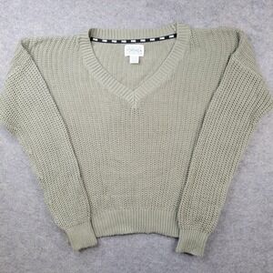 Forenza Sweater Womens Medium Green 100% Cotton V Neck Chunky Knit Pullover